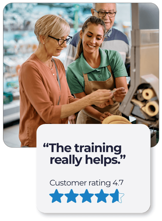  Photo of frontline employee in a grocery store helping a senior couple. Callout text reads “This training really helps”