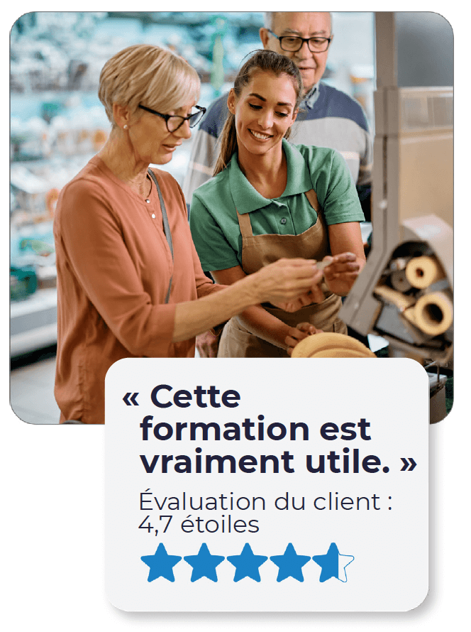   Photo d’un employé de première ligne qui aide un couple de personnes âgées dans une épicerie. La légende est la suivante : « Cette formation est vraiment utile. »