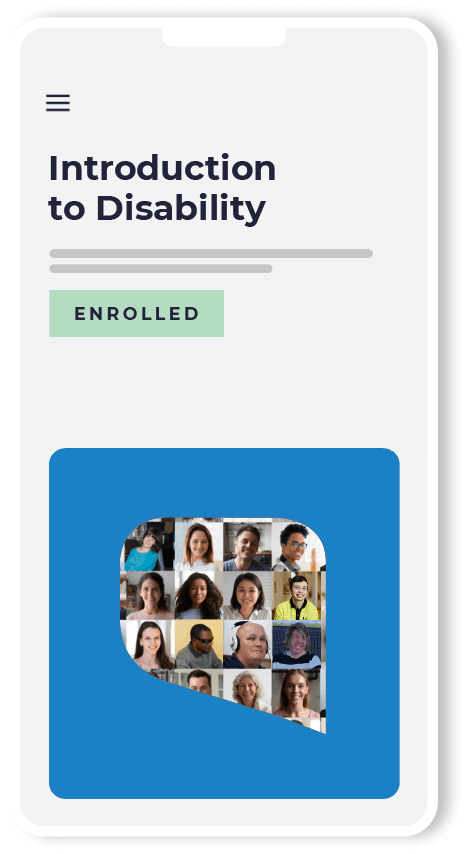 Mobile phone rendering with a thumbnail preview of Introduction to Disability online training course