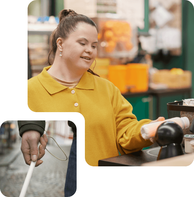 person with disability making a purchase and a photo of person using a white cane