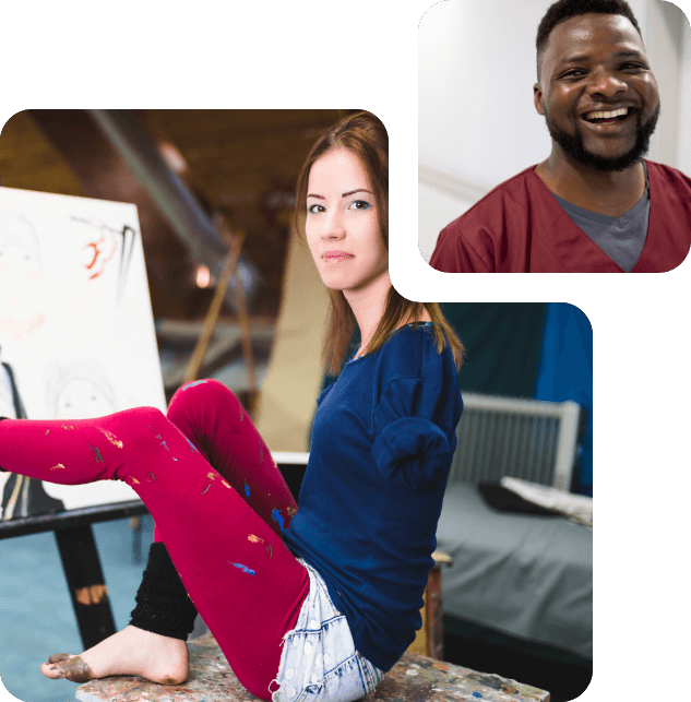 photos of diverse people including a man smiling and a girl painting