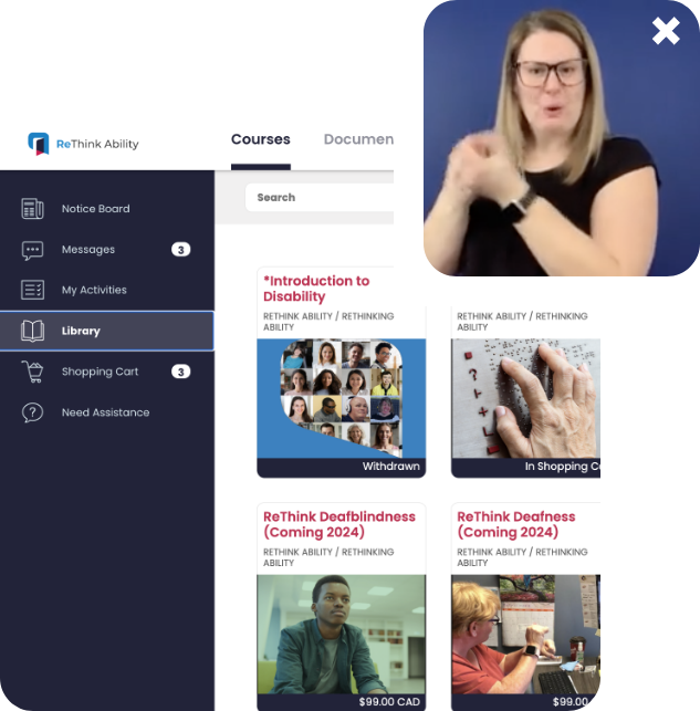 screenshot of rethink ability disability awareness training and a LSQ interpertor