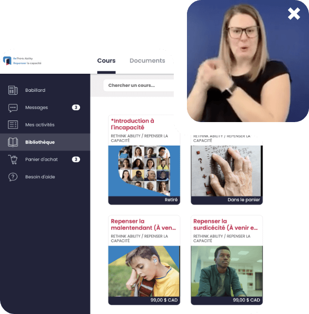capture d'écran de la formation de sensibilisation au handicap de rethink ability et d'un intercepteur LSQ